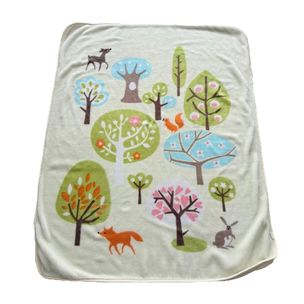 Woodland Animals Baby Blanket Minky Fleece Deer Fox Trees 40x52